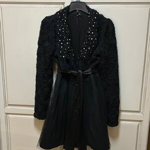 Rye black tulle rose detail coat with pearl and beads.